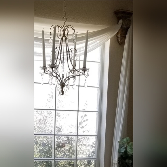 Vintage Curtain Scarf Cream Sheer Material Beads and Fringe - Picture 2 of 6